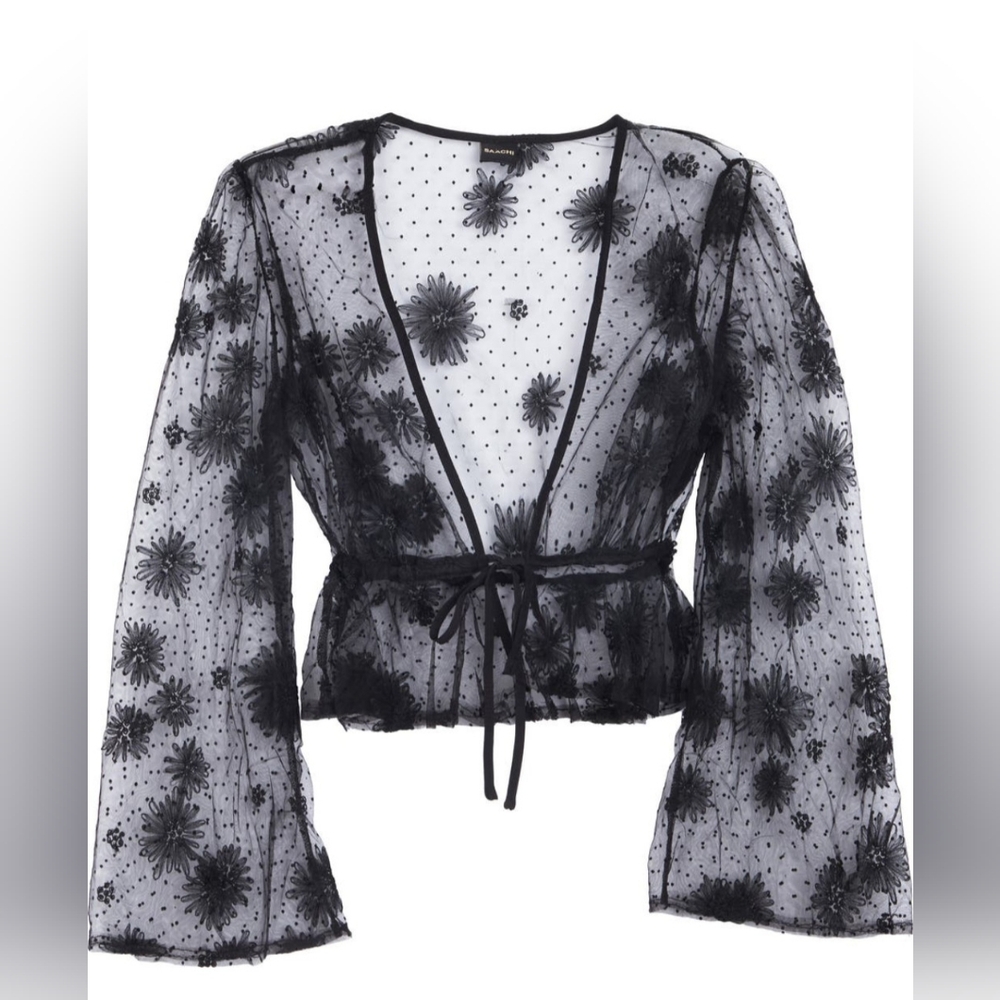 Saachi Sheer Black Floral Belle Sleeve Front Tie Top